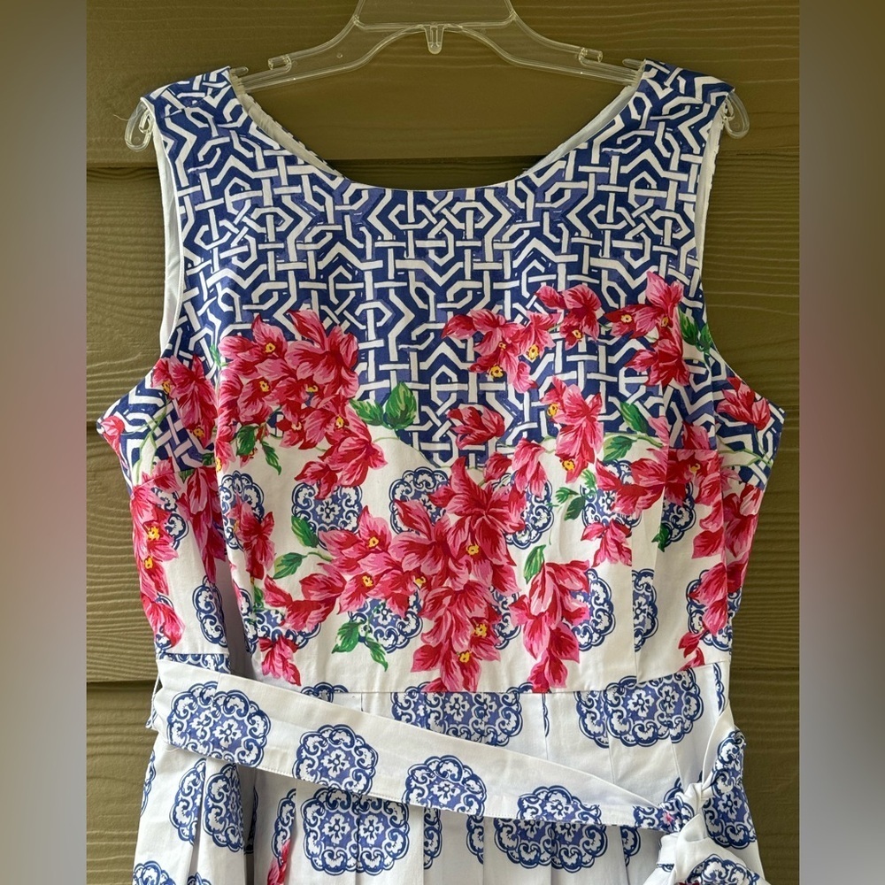TALBOTS Mosaic Floral Sateen Pink Blue Cotton Stretch Fit & Flare Dress Sz 16WP - Picture 11 of 15